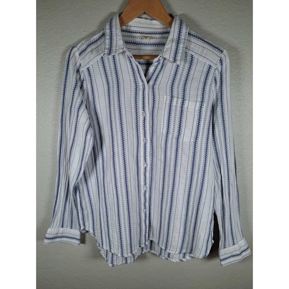 Lucky Brand Blue White Striped Cotton Gauze Button Down Shirt Womens Medium
